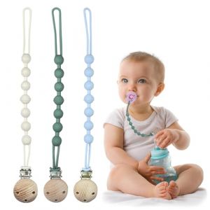 Menibeuty Attache Tetine, 3 Pcs Attache Tetine en Silicone Pacifier Clip Attache-tétine pour bébé, corde anti-chute Tetine Silicone Bébés Garçons et Filles (Bleu Ciel Blanc Cassé Vert Olive) (Menibeuty_Shop, neuf)