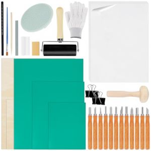 31 Piece Linogravure Plaque Kit Linogravure Caoutchouc Block Printing Starter Linoleum Plate avec Papiers Calques, Bloc de M&eacute;lange pour la Gravure et DIY Impression en Reliefs (IlluminateMe OU, neuf)