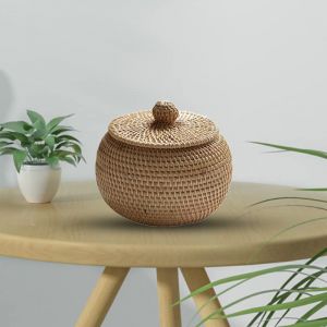 Panier De Rangement en Osier avec Couvercle Panier Rotin Petite Bo&icirc;te en Osier Corbeille &agrave; Fruits Ronde en Rotin Naturel Tiss&eacute;es en Rotin Naturel pour Chambre Salon Bureau (EHOTER D&eacute;cor, neuf)