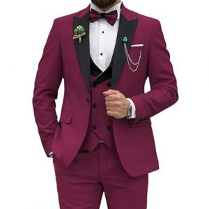 Costume pour hommes Leader of the Beauty, coupe ajust&eacute;e, 3 pi&egrave;ces pour mariage, f&ecirc;te de bal de promo, veste &agrave; un bouton, gilet et pantalon, bordeaux, L (Leader of the Beauty, neuf)
