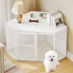 Hzuaneri Cage d'angle pour Chien, Meuble pour Cages, Niche Interieur à Chien Avec Coussins et Portes Coulissantes, Caisse avec Plateau Rabattable pour Moyen et Petit, 107x 59,6 x 64cm, Blanc DFC85903W (Hzuaneri FR, neuf)
