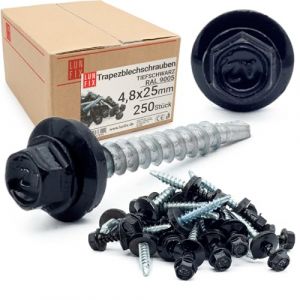 Lun Fix Lot de 250 vis à tôle trapézoïdale - 4,8 x 25 mm - Noir profond RAL 9005 - Vis Spengler avec rondelle d'étanchéité - Vis auto-foreuses avec joint d'étanchéité - Vis autoperceuses pour tôles de (LUN FIX, neuf)