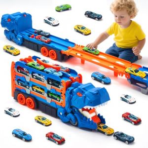 COOLDELE Jouet de camion de transport pour tout-petits, porte-dinosaures avec 12 voitures moulées sous pression et piste de 152 cm, transforme le camion ensemble de jeu pour les tout-petits garçons (NBXD-EU, neuf)