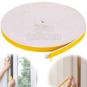 Staranry 20 m Joint Porte Entree Autocollante, Joint Fenetre Bois, Joint De Porte d'Entrée pour Portes, Fenêtre Isolation Du Bruit, De Fenêtre en Mousse（Blanc) (6 * 3mm) (Teeyiuup, neuf)