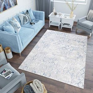 TAPISO Sky Tapis de Salon Chambre Salle &agrave; Manger Adulte Bureau Design Moderne Bleu Gris Cr&egrave;me Vintage Mouchet&eacute; G&eacute;om&eacute;trique Motif Marocain Poil Court Moelleux 300 x 400 cm (TAPISO-FR, neuf)