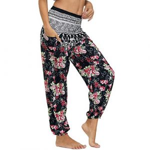 Nuofengkudu Femme Harem Pantalon Sarouel Thaïlandais Hippie Baggy Léger Boho Ethnique Smockée Taille Haute avec Poches Yoga Pants Été Plage ,Rose Floral,Taille unique (better Life, neuf)