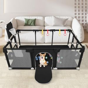 Parc pour Chiots Ou Petits Chiens, Clôture Solide en Tissu épais Et Filet en Nylon Haute Résistance,Parc à Chiots avec Porte, Lavable en Machine, Intérieur/extérieur,180 x 120 x 66 cm - Noir (Hechheu, neuf)