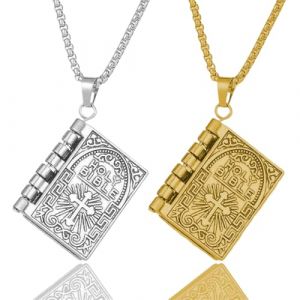 FENQURO 2 Pcs Collier Homme Acier Inoxydable: Collier Pendentif Livre de la Bible Chr&eacute;tienne Ouvrable avec Pri&egrave;res Grav&eacute;es &agrave; l'Int&eacute;rieur - Cadeau Religieux pour Hommes et Femmes (WINESTART, neuf)