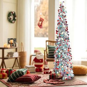 Christmas Tree Lumineux 150cm &ndash; Sapin de No&euml;l Artificiel argent&eacute; Pliable avec Paillettes color&eacute;es, Sapin Slim id&eacute;al pour d&eacute;corations int&eacute;rieures, Petits espaces, Appartements, Bureaux et f&ecirc;tes (OCSOSOUK, neuf)