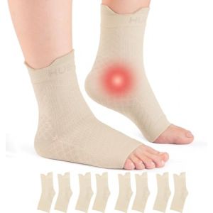 HUEGLO Attelle Cheville Sport pour Chevillère Entorse, 4 Paire Chaussettes de Contention Homme Femme Strapping Chevillere de Maintien Beige L (HUEGLO-FR, neuf)
