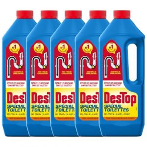 DESTOP Gel Déboucheur spécial toilettes - détruit les bouchons des WC - avec javel - Lot de 5 x 1L (Stock Bureau Maison Bien-être, neuf)