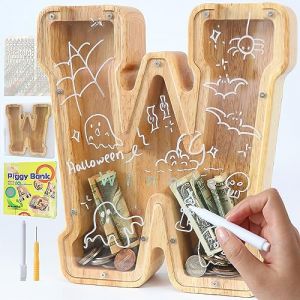 Lakpopya Tirelire en Bois Grande pour Enfant Adulte Tirelire Cochon Personnalisée de Lettres A-Z avec Zone Cible Tirelire Billet Transparente Créative pour Cadeau Décoration Baptême (W) (Never fail, neuf)