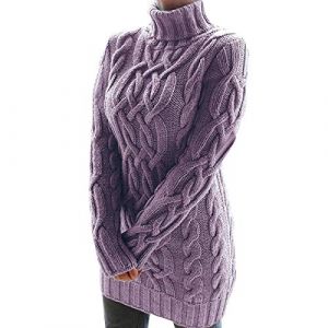Robe-Pull Col Roul&eacute; Femme Grosse Maille Jacquard Long Oversize Tricot Pullover Chandail Sweater Grande Taille Epais Violet M (Pengniao, neuf)