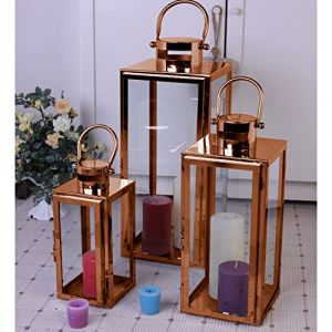 Mojawo&reg; Lot de 3 lanternes de jardin de luxe XXL en acier inoxydable - Photophore en verre - Or rose - 30/40/53 cm - Cuivre (Mojawo, neuf)