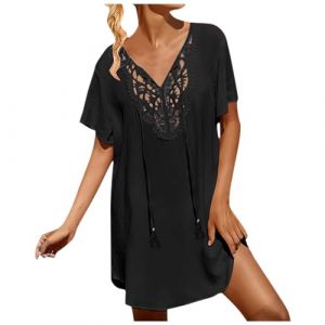 Robe de Plage Femme &Eacute;t&eacute;, Tunique de Plage &Eacute;l&eacute;gante Chemise de Plage en Coton en Lin, Couvre Maillot de Bain Robe Couvrir Bikini Cover Up Boh&egrave;me Beachwear (Z-Black, XL) (Keinsow, neuf)