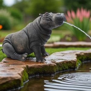 Gargouille solaire Hippo - Figurine de bassin avec pompe solaire et jeu d'eau - Décoration de jardin en polyrésine très réaliste - Fontaine solaire pour bassin de jardin et cours d'eau (hippopotame (Arnusa-Shop, neuf)