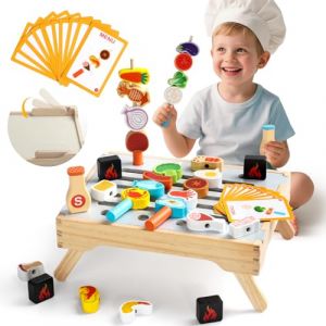 Dinette Enfant en Bois - Barbecue Kit Cuisine Enfants , 10 Cartes Menu & 29 Ingrédients , Jouet Enfant 3 Ans , Accessoire Cuisine Enfent , Jeux Garçon 3 Age , Cadeau Fille3 4 5 Ans (Hodream, neuf)