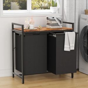 LOOBOV Panier &agrave; Linge 2 Compartiments, 2 x 50L Meuble Linge Sale sacs Int&eacute;rieurs Amovibles et Coulissants, Structure en M&eacute;tal, Marron Vintage et Noir (2 Compartiment- 100L) (Loobov, neuf)