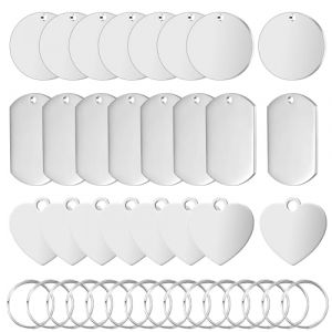 YUDAWN 24 Pi&egrave;ces Pendentif Acier Inoxydable, &Eacute;tiquettes Vierges en Acier Inoxydable Breloque Acier Forme Ronde et Rectangulaire &Eacute;tiquette pour Chien Gravure et Porte (YUDAWN, neuf)