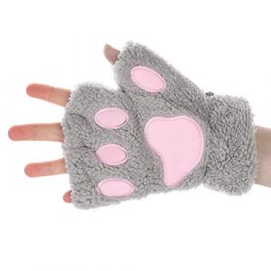 Gants d'hiver pour femmes patte de chat en peluche chaud gants de cosplay demi-doigt gants mignons nouveaut&eacute; ours griffe mitaines thermiques pour Halloween cosplay f&ecirc;te d&eacute;guisement,Gris,Taille unique (XINCHIUK, neuf)