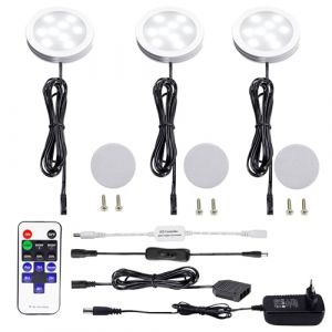 AIBOO Lot de 3 lampes LED sous meuble de cuisine - Blanc froid - Avec c&acirc;ble - Intensit&eacute; variable - &Eacute;clairage sous meuble avec interrupteur et prise - Veilleuse - &Eacute;clairage de vitrine avec t&eacute;l&eacute;commande (Aiboo, neuf)