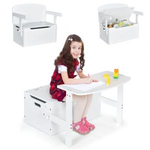 COSTWAY 3 en 1 Table Enfant en Bois avec Chaise, Banc Coffre à Jouets avec Couvercle & Poignée Découpée, Table d'Activités Convertible pour Tout-Petits de 3-7 Ans, Charge10/30kg, 60X57X44CM (FDS GmbH, neuf)
