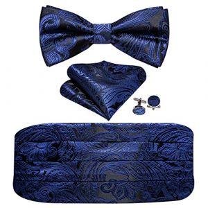 Barry.Wang Ensemble Ceinture de Smoking N&oelig;ud Papillon pour Homme, Ceinture de Smoking en Soie N&oelig;ud Papillon Pr&eacute;-nou&eacute; Pochette de Costume Boutons de Manchette, bleu fonc&eacute;, taille unique (Aogu Trading Co.,Ltd, neuf)