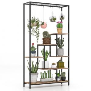 GOPLUS Support Plantes Intérieur avec 6 Étagères, Porte Plante Intérieur pour Pots de Fleurs, 10 Crochets, Étagère à Fleur en Bois et en Métal, Idéal pour Balcon, Salon, 100 x 30 x 180 CM (Marron) (Augenstern24, neuf)