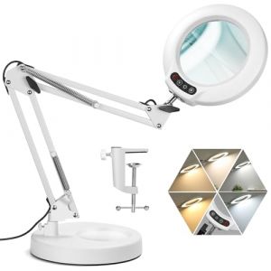 Veemagni 10X Lampe Loupe avec Lumi&egrave;re, 5 Modes de Couleur Gradation Continue 2 en 1 Lampe de Bureau et Pince, LED Loupe avec Lumi&egrave;re et Support pour Lecture, R&eacute;paration, Artisanat, Peinture- Blanc (Veemagni, neuf)