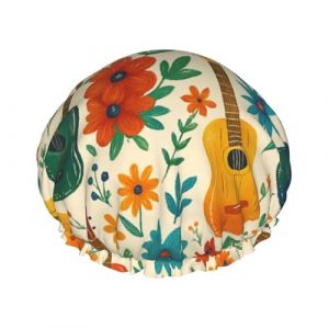 Bonnet de douche imperm&eacute;able &agrave; double couche pour femme, motif dessin anim&eacute;, guitare et fleurs, pour cheveux longs (ZhangQiangPosters, neuf)