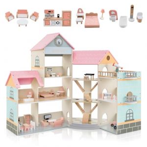 HOMASIS Maison de Poup&eacute;e en Bois pour Enfants sur 3 Niveaux, Jeu de Maison de Poup&eacute;e 42 Meubles et Accessoires avec 7 Pi&egrave;ces, Jolie Maison de R&ecirc;ve Princesse pour Poup&eacute;es, Maison de Jeu, Cadeau pour (Homasis, neuf)