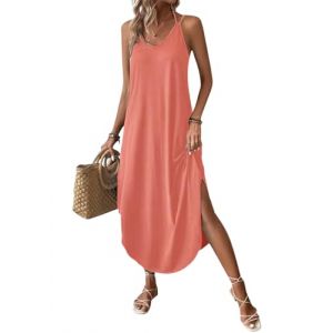 Chicrise Robe d'&eacute;t&eacute; pour femme - Robe longue d'&eacute;t&eacute; sans manches - Col en V - Robe &agrave; bretelles, Rouge past&egrave;que, XL (Chicrise, neuf)