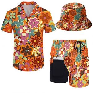 fifbird Ensemble chemise et short des années 80 et 90 pour homme avec chapeau cloche, Motif floral hippie des années 70, L (小鑫百货便利店, neuf)