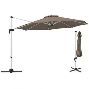 GOPLUS Parasol de Jardin Extérieur 3m, Parasol Déporté Inclinable avec Manivelle, 8 Baleines, Double Auvent, Base Croisée, Parasol Excentré Rotatif à 360° pour Terrasse Plage Marché, H2,6m (Café) (Augenstern24, neuf)