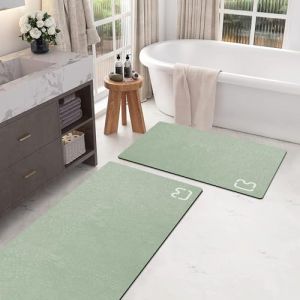 Lot de 2 tapis de salle de bain à séchage rapide – Tapis de bain antidérapant avec revers en caoutchouc – Tapis de bain fin et absorbant – Motif terre de diatomée – 40 x 60 cm + 40 x 120 cm – Vert (CF Home, neuf)