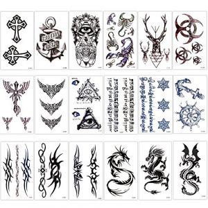 Konsait Tatouage temporaire pour Adulte Enfants Femme Homme (18 Feuilles), Tatouages Temporaires Bras Poignet Body Tattoo Sticker Tatouages éphémères, Dragon Ancre Oeil Scorpion Elk (Lipmok-eu, neuf)