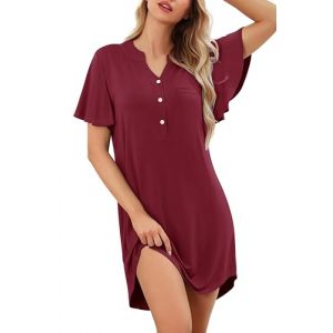 Wikoan Chemise de Nuit Femme Nuisette en Modal Col V Couleur Unie Chemises de Nuit &Eacute;t&eacute; Femmes Manches Courtes V&ecirc;tements de Nuit Bourgogne L (Wikoan Direct, neuf)