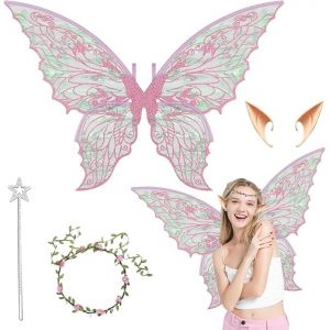 weiclianhp Ailes de Fée Enfant, Ailes d'ange et Papillon pour Fille, Couronne Fleur et Oreilles d'Elfe, Costume Cosplay pour Halloween, Carnaval, Noël et Anniversaire (chaungweiljiaju, neuf)