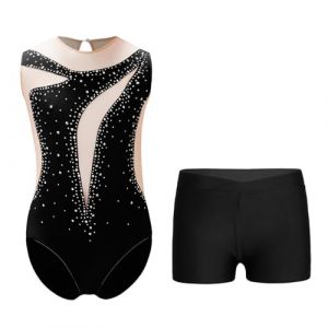 Oyolan Enfant Fille Justaucorps Gymnastique Strass Tenue de Gym sans Manches 5-16 Ans B Noir 13-14 ans (Oyolan EU, neuf)