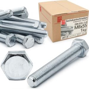 Lun Fix Lot de 40 vis à tête hexagonale M8 x 55, 1 kg DIN 933, filetage complet FK 5.8, en acier galvanisé, avec tête hexagonale, vis de machine à 6 pans, avec filetage jusqu'à la tête, boulons (LUN FIX, neuf)