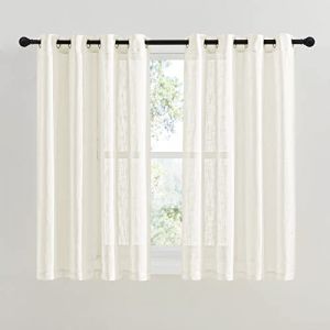 PONY DANCE Rideaux Voilages Int&eacute;rieurs - D&eacute;coration de Fen&ecirc;tre pour Cuisine Voile en Lin Demi Transparent Draperies &agrave; Oeillets avec Motif de Croix, 132 x 137 cm, Beige Clair, 2 Pi&egrave;ces (RYB HOME EU, neuf)