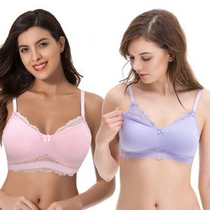 Curve Muse Soutien-Gorge Allaitement Grande Taille en Coton sans Doublure Ni Armatures avec Finitions en Dentelle -Rose, Lavande-100D (Curve Muse EU, neuf)