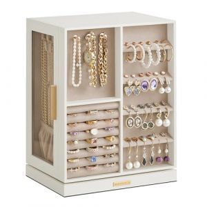 SONGMICS Boîte à Bijoux Rotative à 360°, Coffret à Bijoux avec 5 Tiroirs, Fenêtres en Verre Latérales, Grand, Rangement pour Accessoires, Design Ouvert, Blanc Nuage JBC170W01 (SONGMICS HOME FR, neuf)