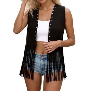 Celanisai Gilet western sans manches pour femme - Gilet de cowgirl en daim - Gilet &agrave; franges - Gilet en cuir r&eacute;tro boh&egrave;me hippie - Tenue de festival - Costume de carnaval - Rivets - Veste &agrave; franges (Bieuzhlo, neuf)