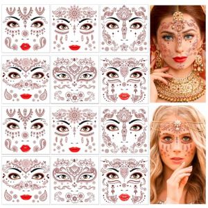 DPKOW Lot de 12 Tatouage Ephemere Fleur de Mandala Visage Tatouages Dentelle Indienne Tatouage Temporaire Eid Ramadan Faux Tatouage Maquillage Femmes Filles, Marron Rouge Tatouage Ephemere Femme (dpkow, neuf)