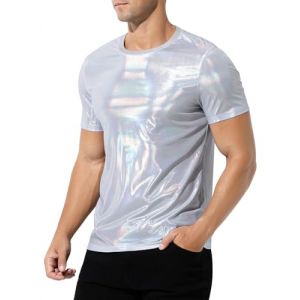 Casey Kevin Chemise Metallique Homme, T-Shirt M&eacute;tallis&eacute; Brillante Paillettes Manches Courtes pour F&ecirc;te Club Party Disco Discoth&egrave;que Dancing Halloween Cosplay, L (Casey-Kevin, neuf)