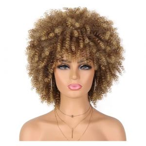 Perruque afro ann&eacute;es 70 for femme, perruque synth&eacute;tique boucl&eacute;e cr&eacute;pue d'aspect naturel avec frange for un usage quotidien Postiche Cheveux Femme(30T27) (zuwanguk, neuf)