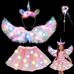 YOUYIKE Déguisement Carnaval Fille, Lot de 4 Serre Tete Licorne Coloré Avec Ailes, Illuminé Fille Princesse Jupe, Fée Baguette, Pour Fête D'anniversaire, Halloween, DéGuisement Carnaval Fille Licorne (Yanniler-EU, neuf)
