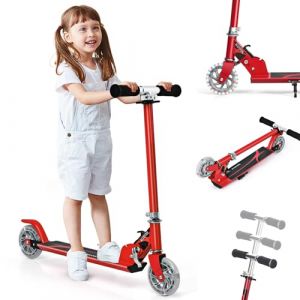 GYMAX Trottinette Enfants 3-7 Ans Pliable, 2 Roues Lumineuses, Hauteur Réglable à 3 Niveaux, avec Béquille, en Aluminium Léger Robuste, Charge Max 70 KG, Roulement Durable ABEC-7 (Rouge) (GYMAX EU, neuf)