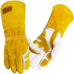 WZQH Gant Cuir De Soudure Homme Femme,Paumes Des Mains Renforc&eacute;e & Pouces & Index,Gants De Travail Pour Jardinage, Barbecue, Grill, Four, Chemin&eacute;e, Cuisine,Electricien,14 Pouces,Jaune et Blanc,XL (WZQH-FR, neuf)